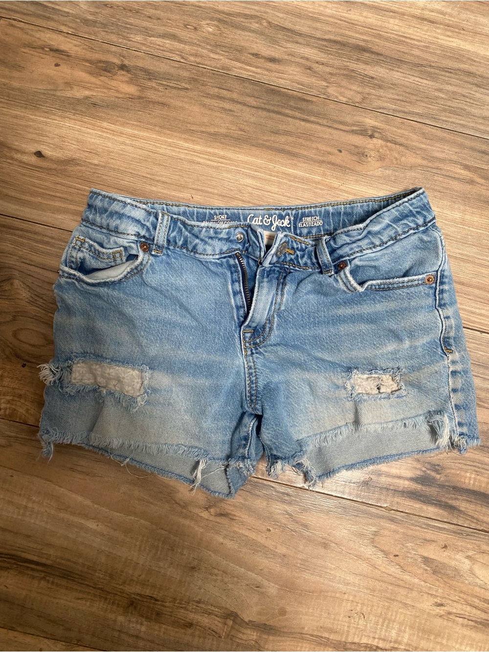 Cat & Jack Girls Denim Shorts Size 10/12 Adjustable Waist Distressed Stretch